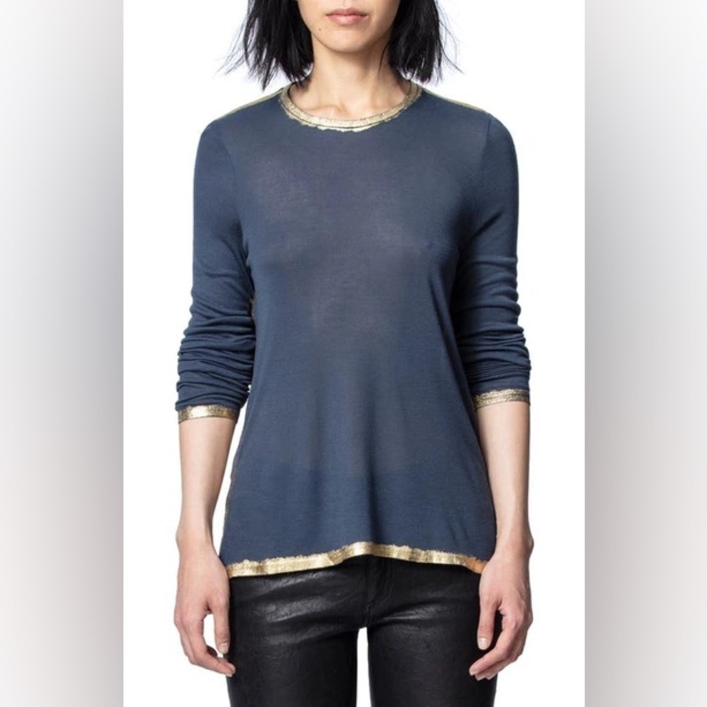 RARE ZADIG & VOLTAIRE NWOT Willy Long Sleeve Foil T-Shirt in Blanc-S